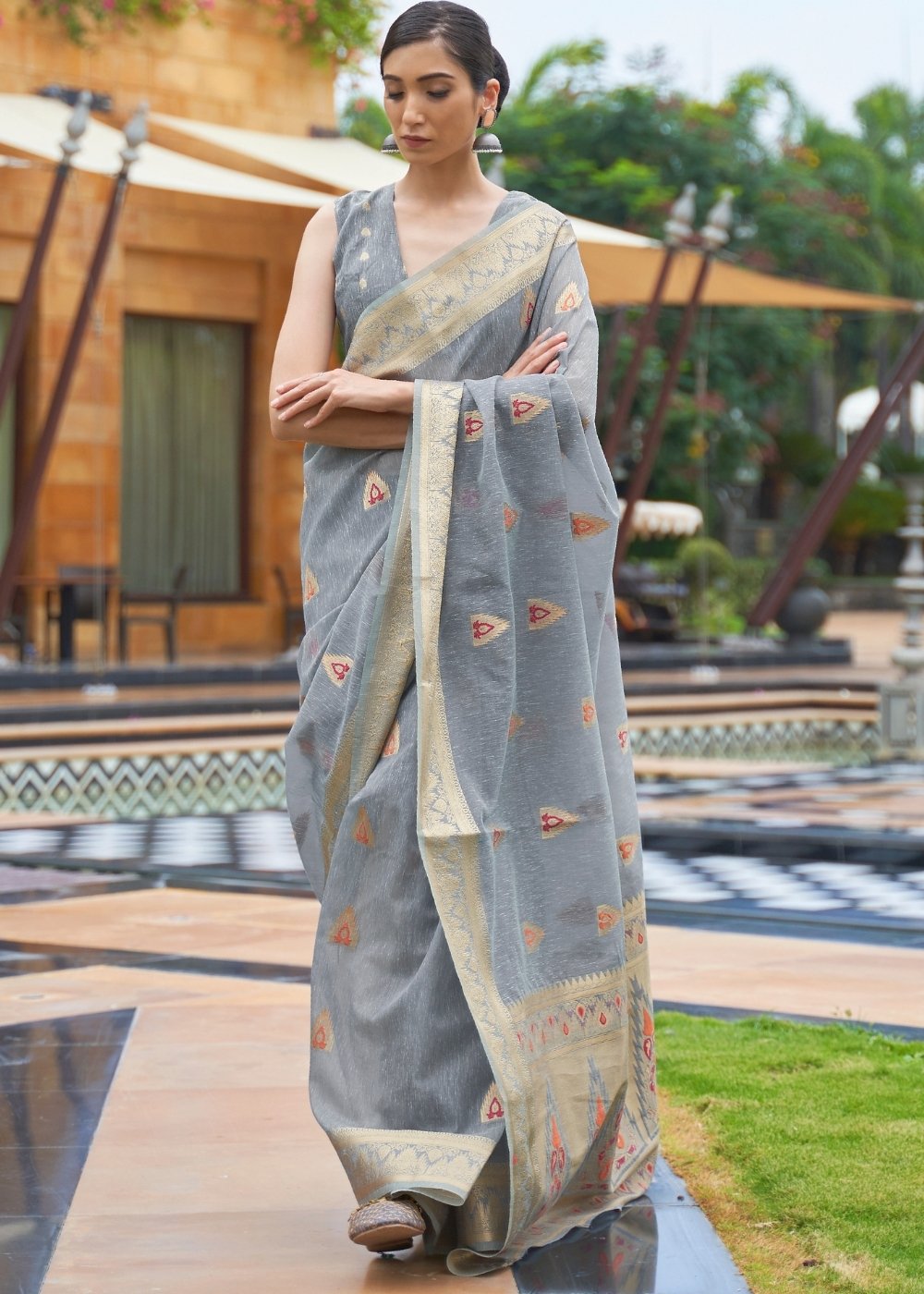 Slate Grey Woven Linen Silk Saree - Colorful Saree