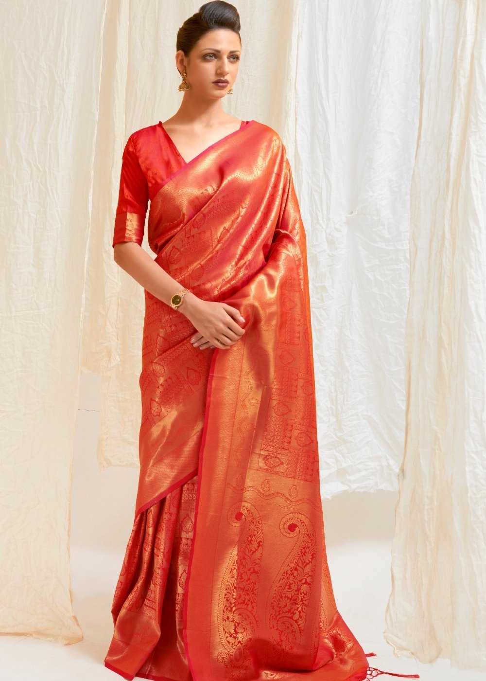 Scarlet Red & Golden Blend Kanjivaram Silk Saree - Colorful Saree