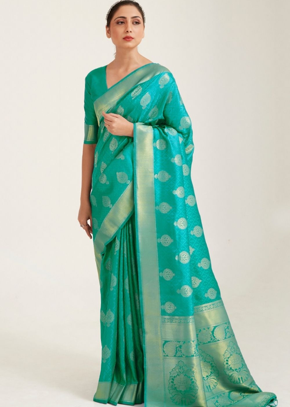 Turquoise Green Zari Butta Woven Banasari Silk Saree - Colorful Saree