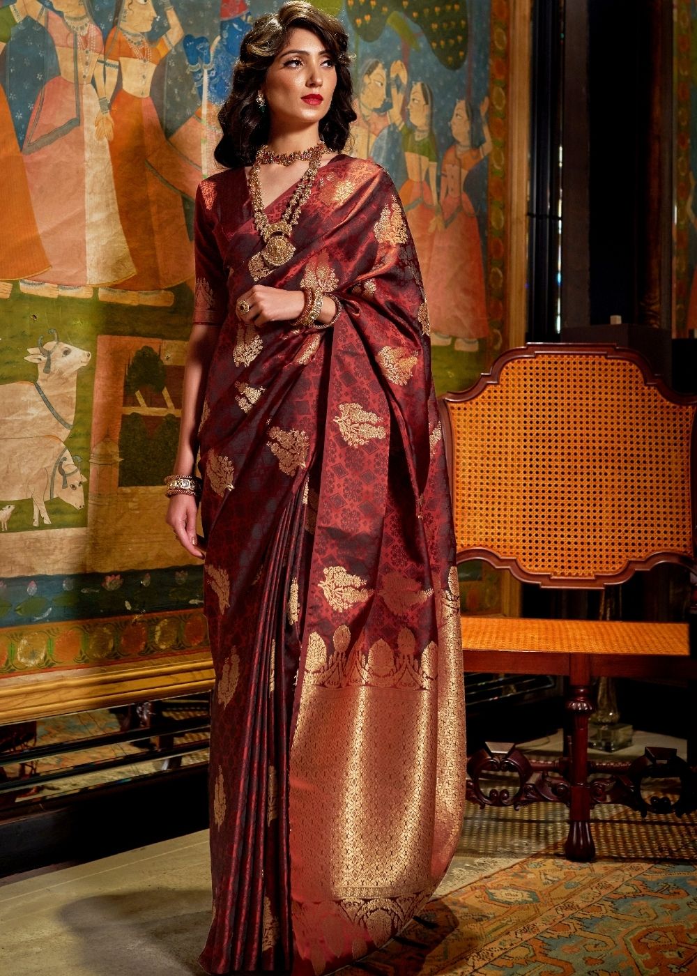 Mahogany Red Satin Woven Silk Saree with overall Golden Buti - Colorful Saree
