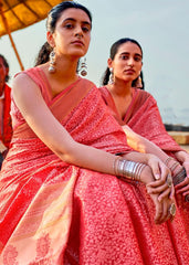 Crimson Red and Golden Blend Banarasi Woven Satin Silk Saree - Colorful Saree