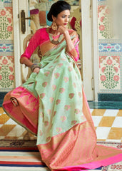 Mint Green Woven Linen Silk Saree with Butti overall - Colorful Saree