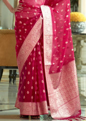 Ruby Pink Zari Woven Organza Silk Saree - Colorful Saree