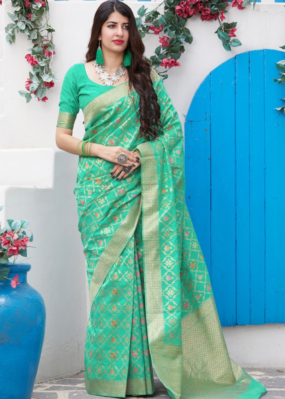 Sea Green Banarasi Cotton Silk Saree - Colorful Saree