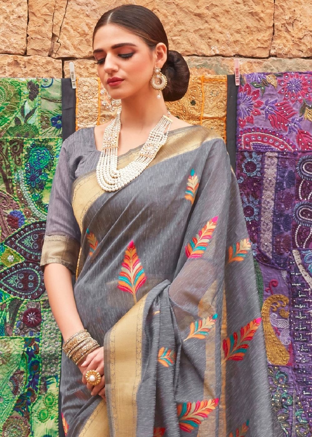 Seal Grey Linen Silk Saree with Colorful Weaving work - Colorful Saree