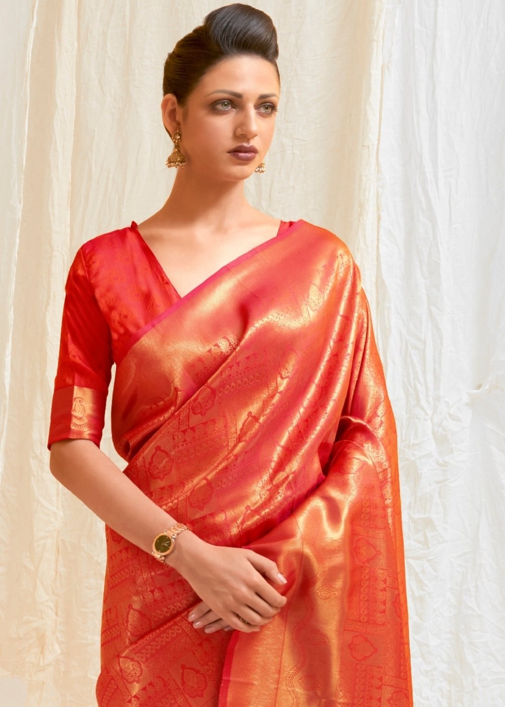 Scarlet Red & Golden Blend Kanjivaram Silk Saree - Colorful Saree