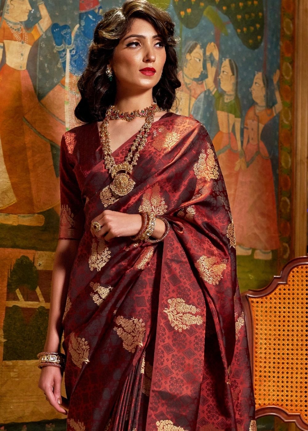 Mahogany Red Satin Woven Silk Saree with overall Golden Buti - Colorful Saree