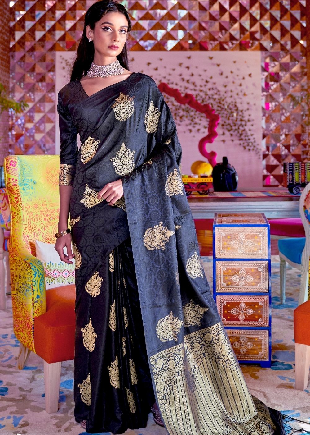 Soot Black Satin Silk Saree with overall Golden Butti - Colorful Saree