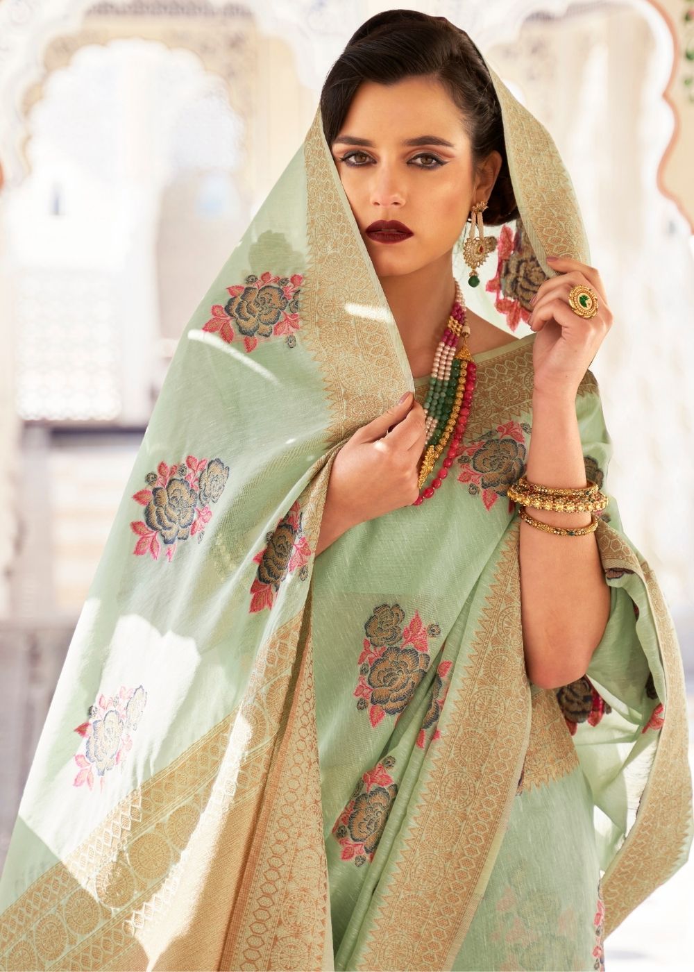 Pastel Green Linen Woven Silk Saree with Zari work on Border and Pallu - Colorful Saree