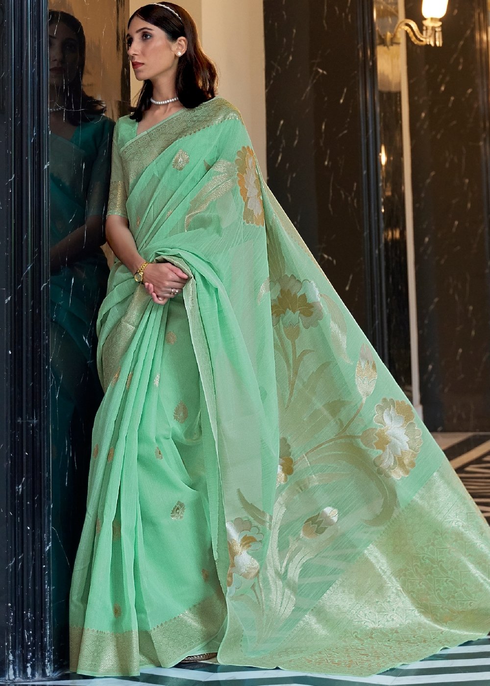 Fern Green Zari Woven Linen Silk Saree - Colorful Saree