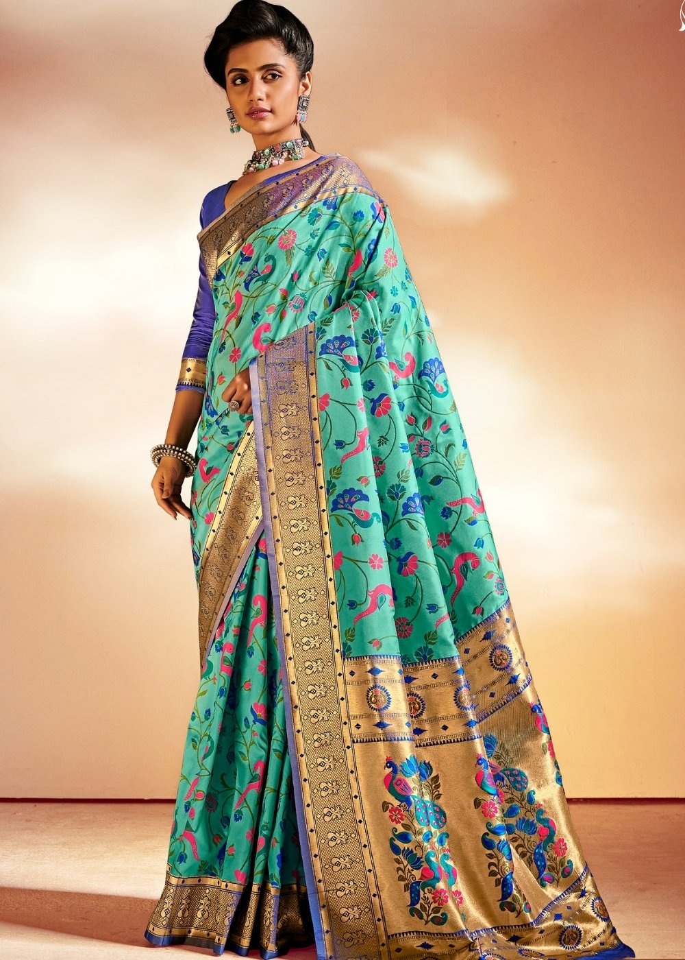 Jungle Green Woven Banarasi Paithani Silk Saree - Colorful Saree