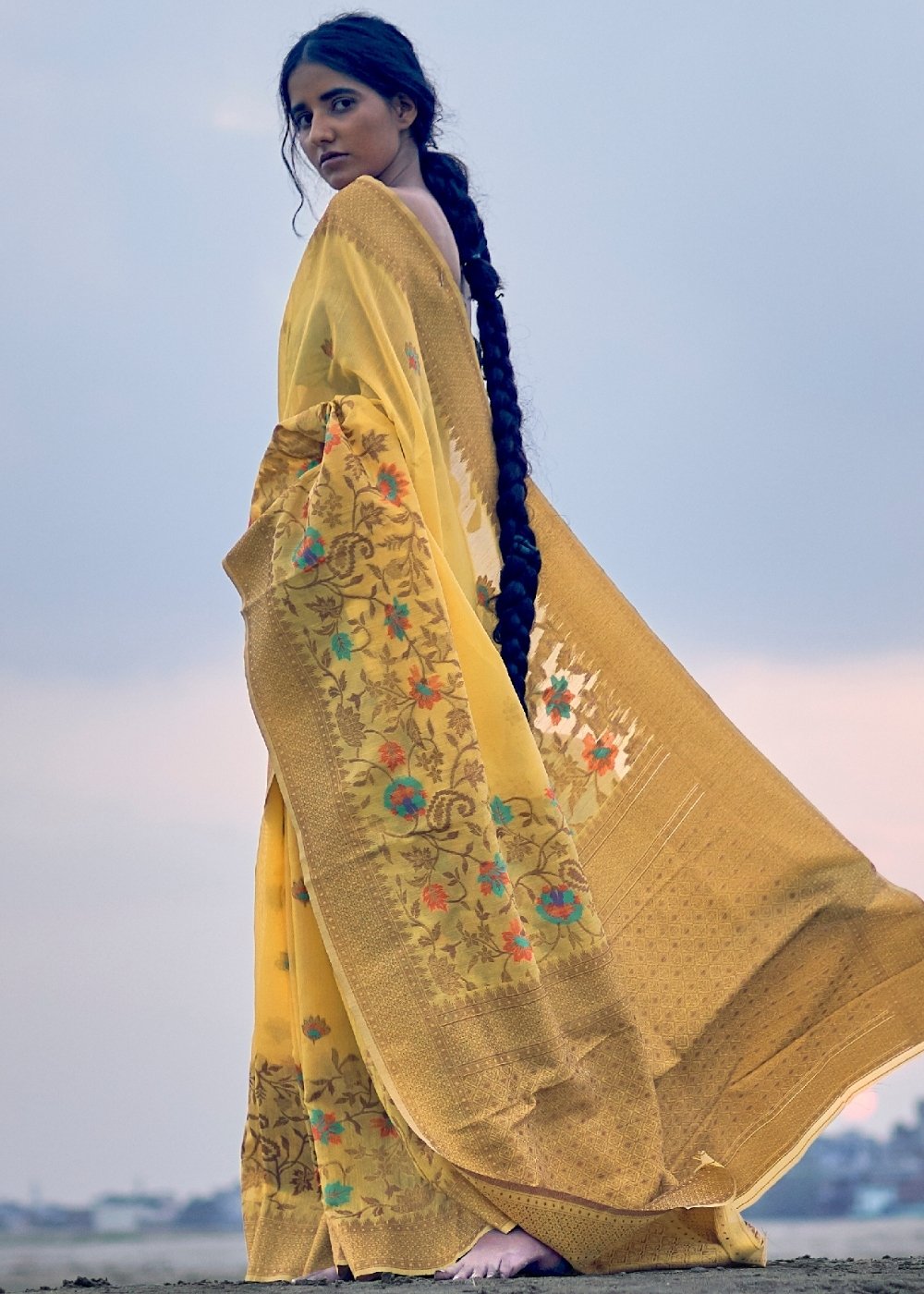 Tuscany Yellow Woven Linen Silk Saree with Floral Motif on Pallu and Border - Colorful Saree