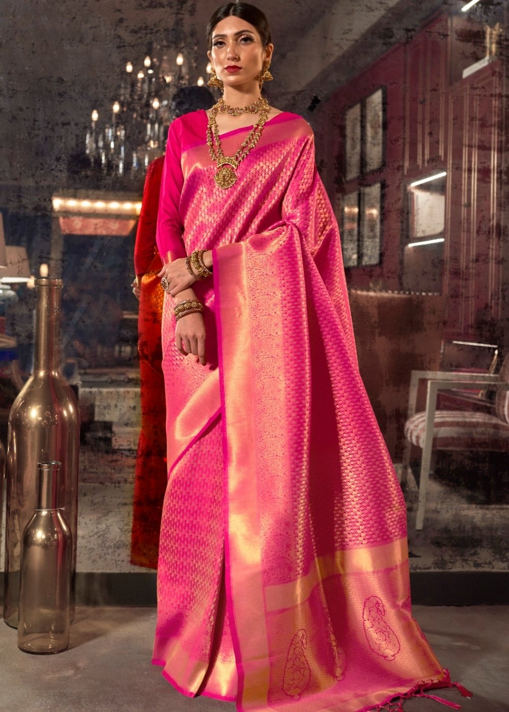 Hot Pink and Golden Blend Kanjivaram Soft Woven Silk Saree - Colorful Saree