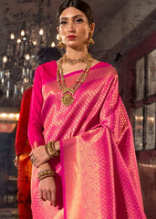 Hot Pink and Golden Blend Kanjivaram Soft Woven Silk Saree - Colorful Saree