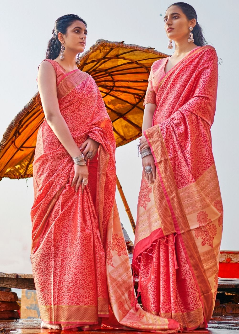 Crimson Red and Golden Blend Banarasi Woven Satin Silk Saree - Colorful Saree