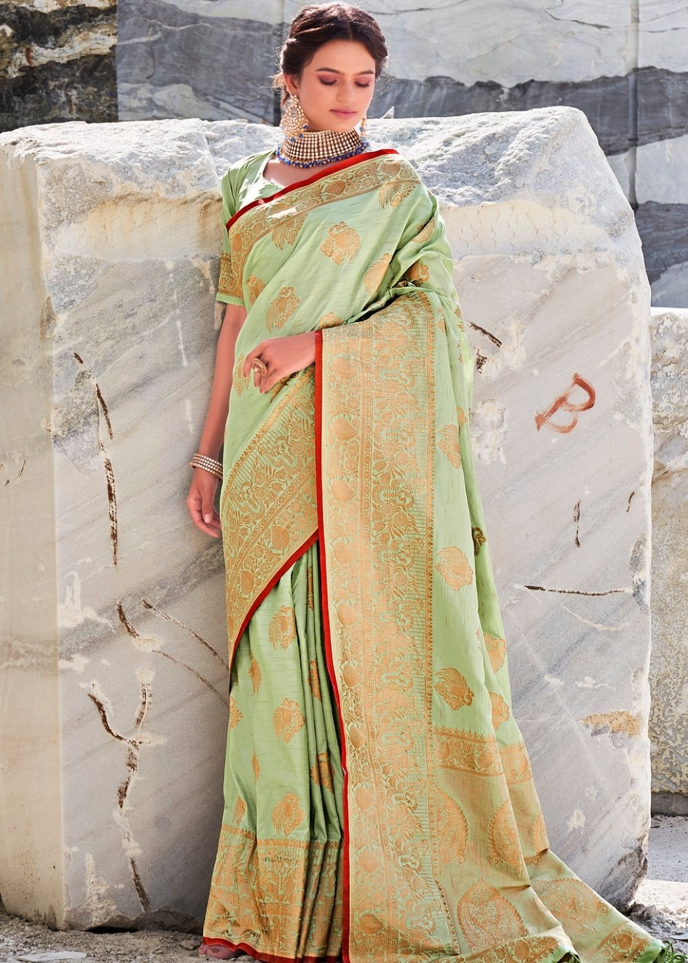 Mint Green Woven Designer Silk Saree with Butti overall - Colorful Saree