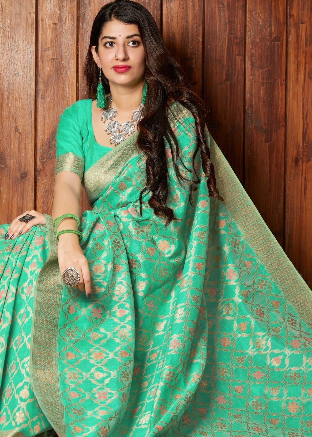 Sea Green Banarasi Cotton Silk Saree - Colorful Saree
