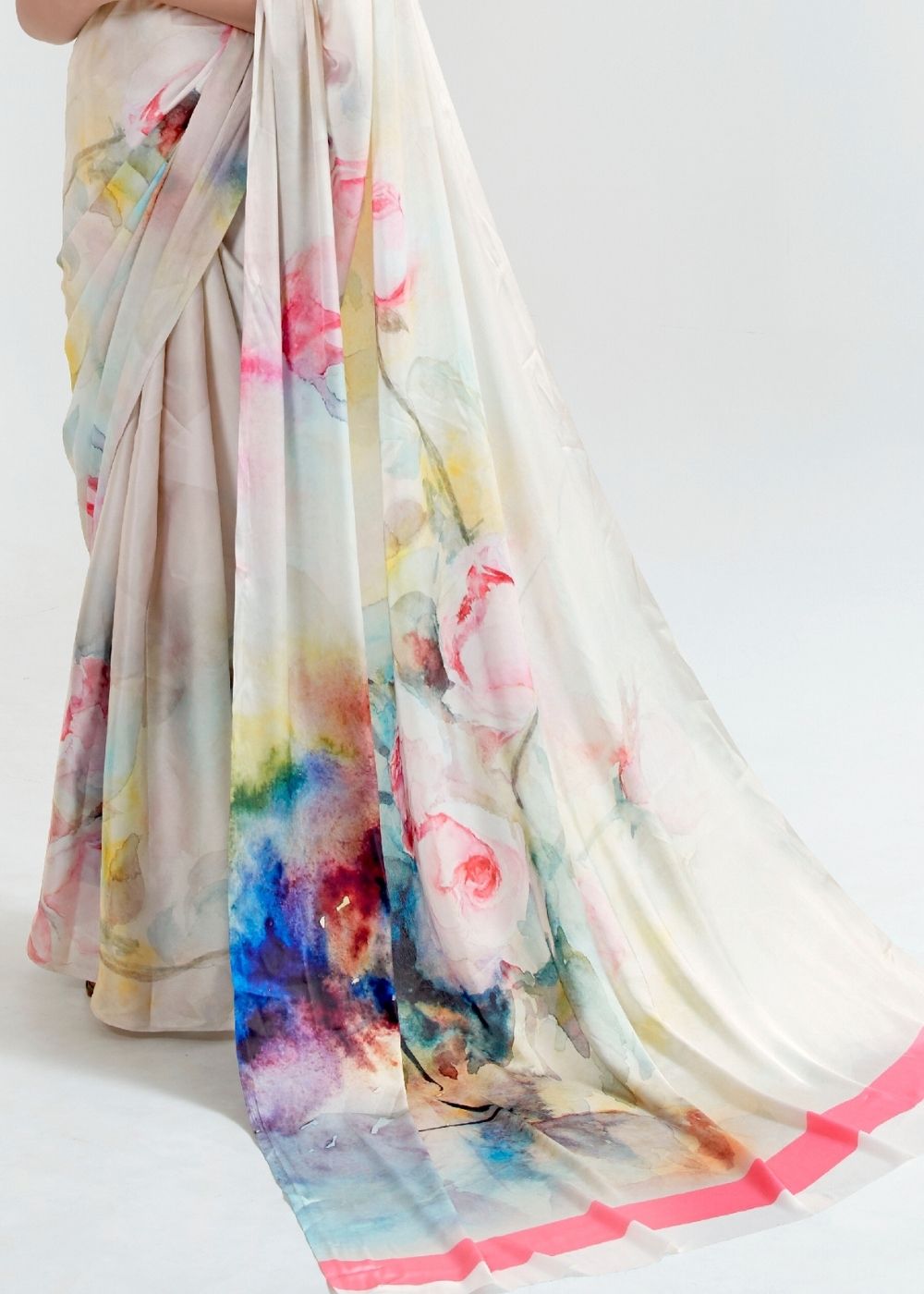 Ivory White Satin Silk Digital Printed Saree - Colorful Saree