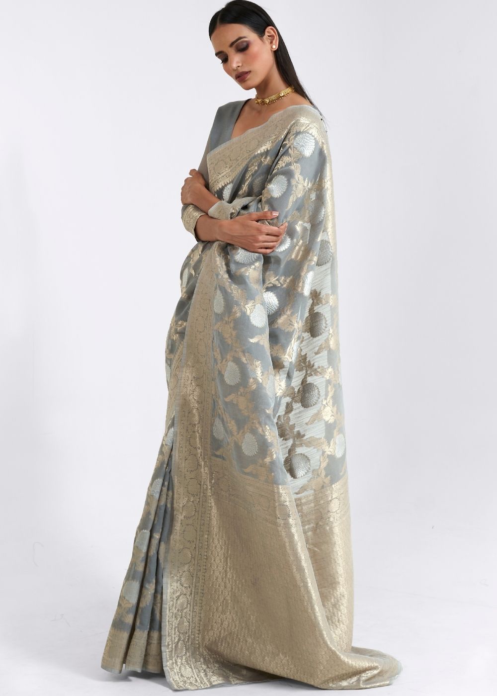 Seal Grey Zari Woven Linen Silk Saree - Colorful Saree