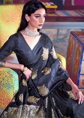 Soot Black Satin Silk Saree with overall Golden Butti - Colorful Saree