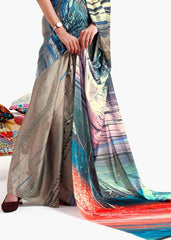 Camel Brown Digital Printed Satin Crepe Saree - Colorful Saree