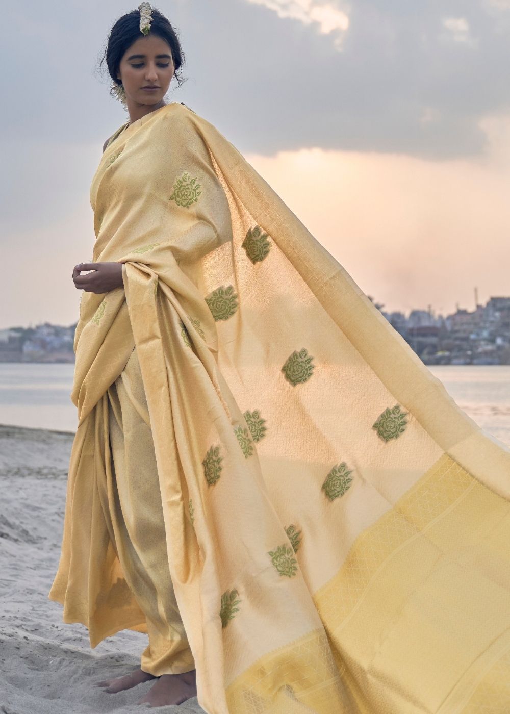 Saffron Yellow Linen Silk Saree with Zari Woven Butti overall - Colorful Saree