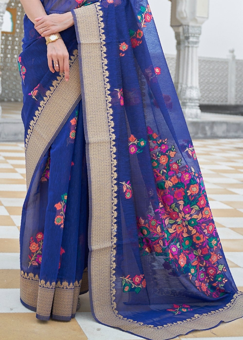 Lapis Blue Floral Embroidered Linen Silk Saree - Colorful Saree