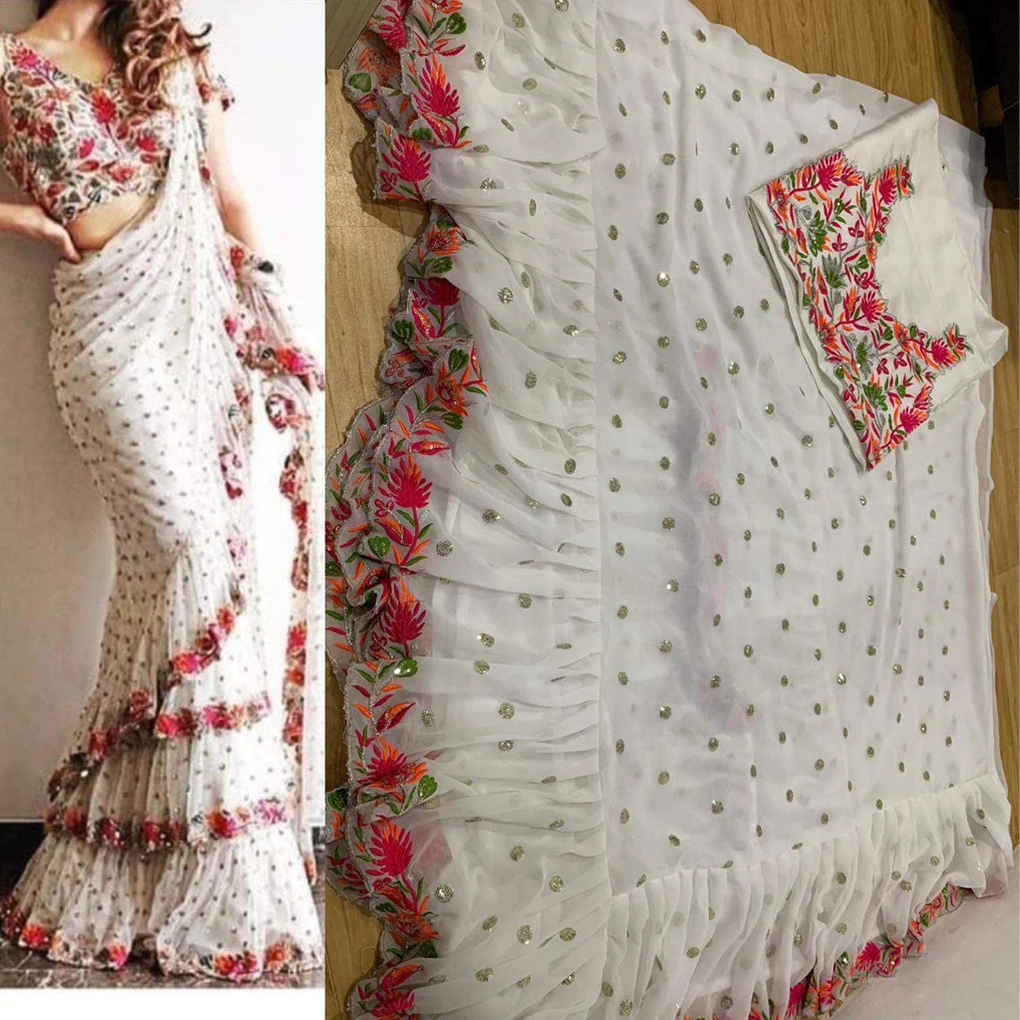 White Ruffle Saree In Georgette with Silk Blouse for Wedding - Colorful Saree