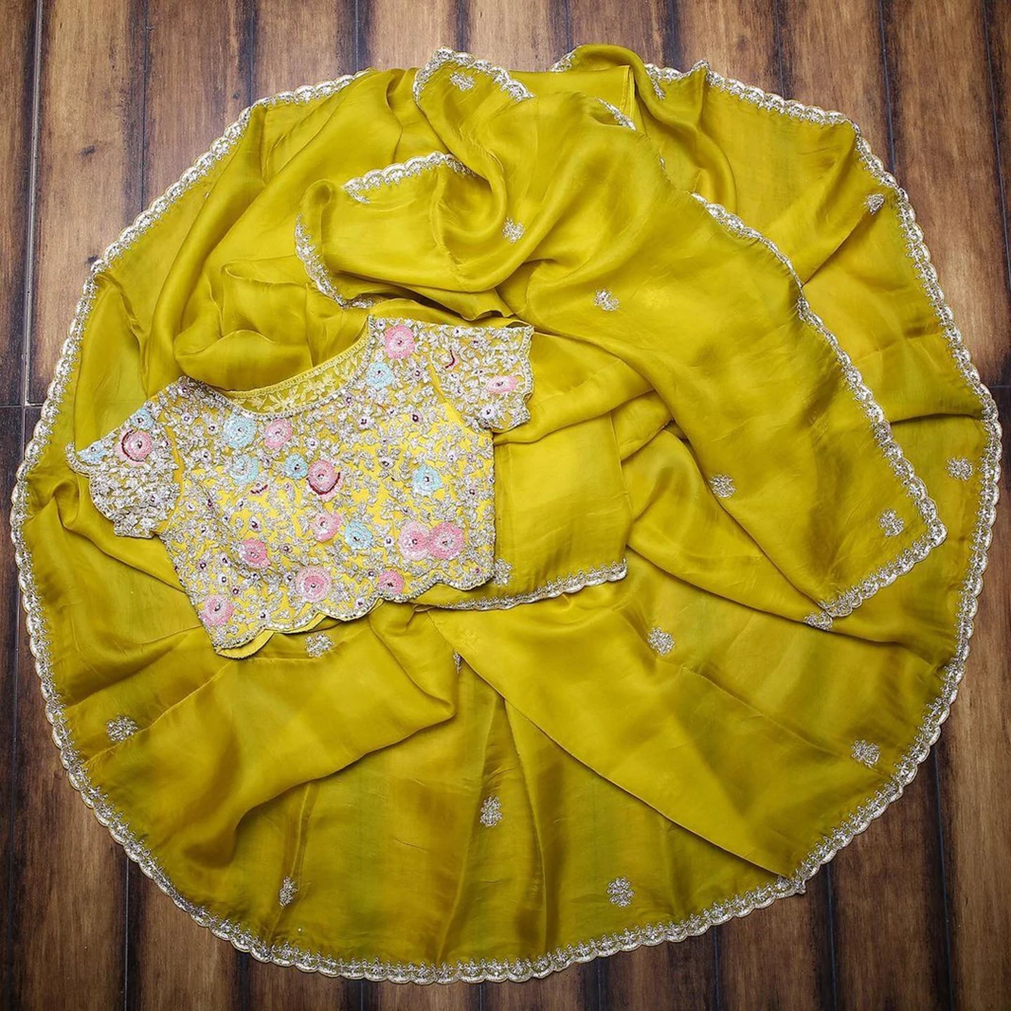 Yellow Organza Saree with Heavy Embroidery work and Unstitched Blouse - Colorful Saree