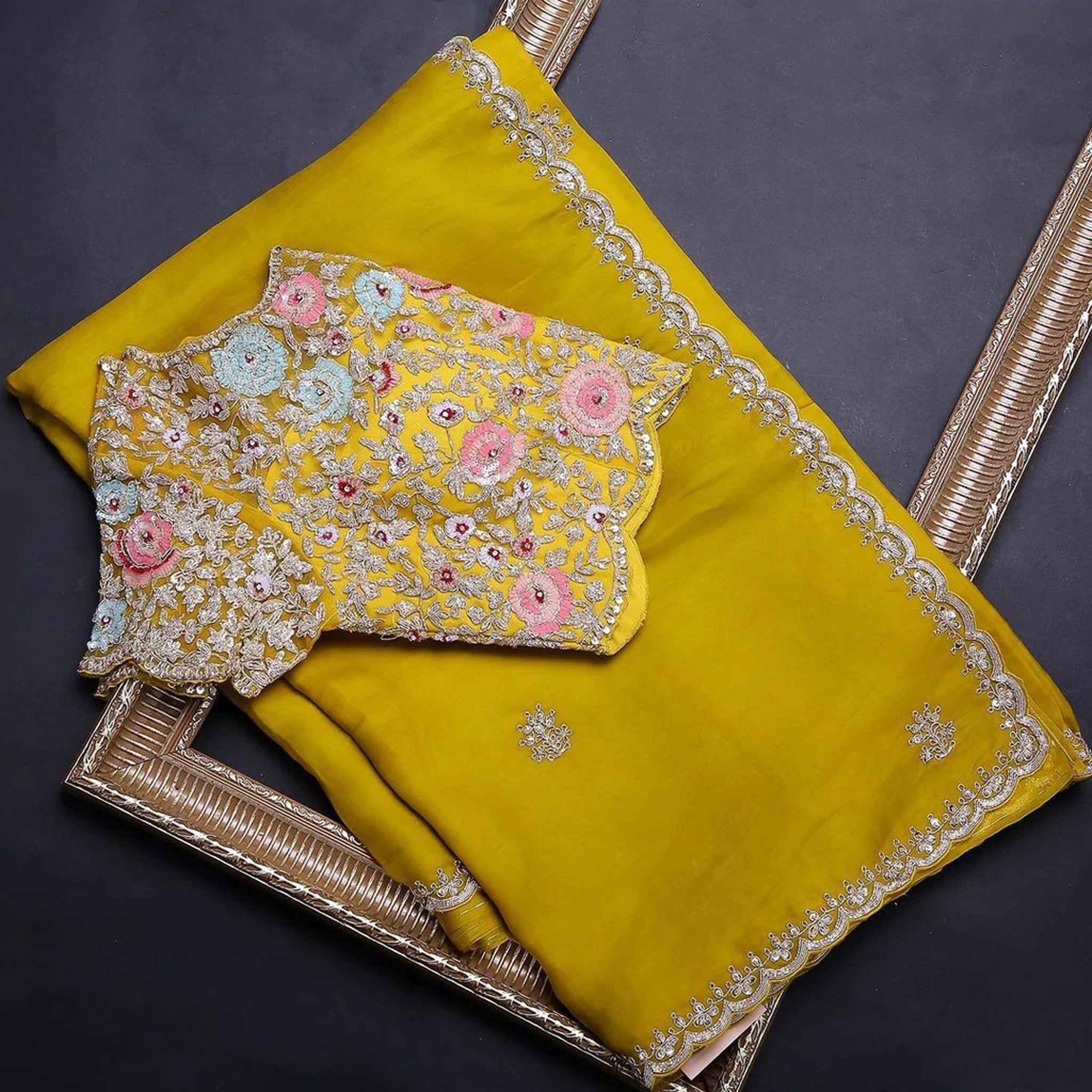 Yellow Organza Saree with Heavy Embroidery work and Unstitched Blouse - Colorful Saree