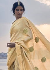 Saffron Yellow Linen Silk Saree with Zari Woven Butti overall - Colorful Saree