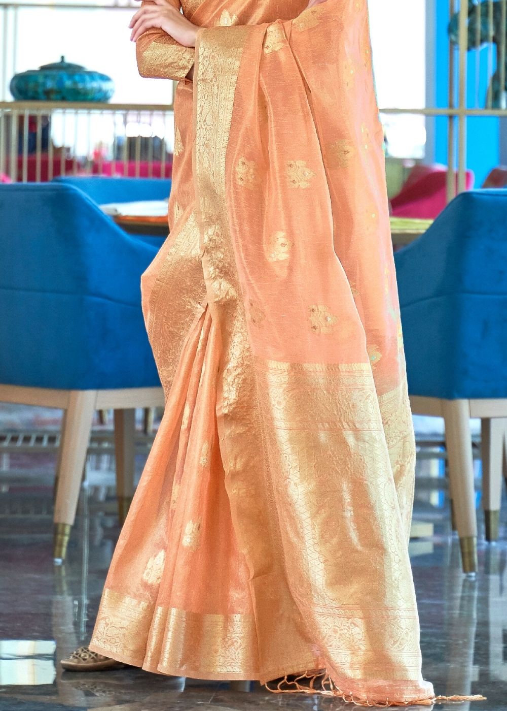 Salmon Orange Zari Woven Organza Silk Saree - Colorful Saree