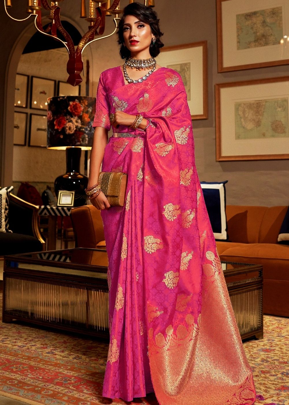 Hot Pink Satin Woven Silk Saree with overall Golden Buti - Colorful Saree