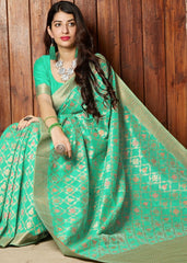 Sea Green Banarasi Cotton Silk Saree - Colorful Saree