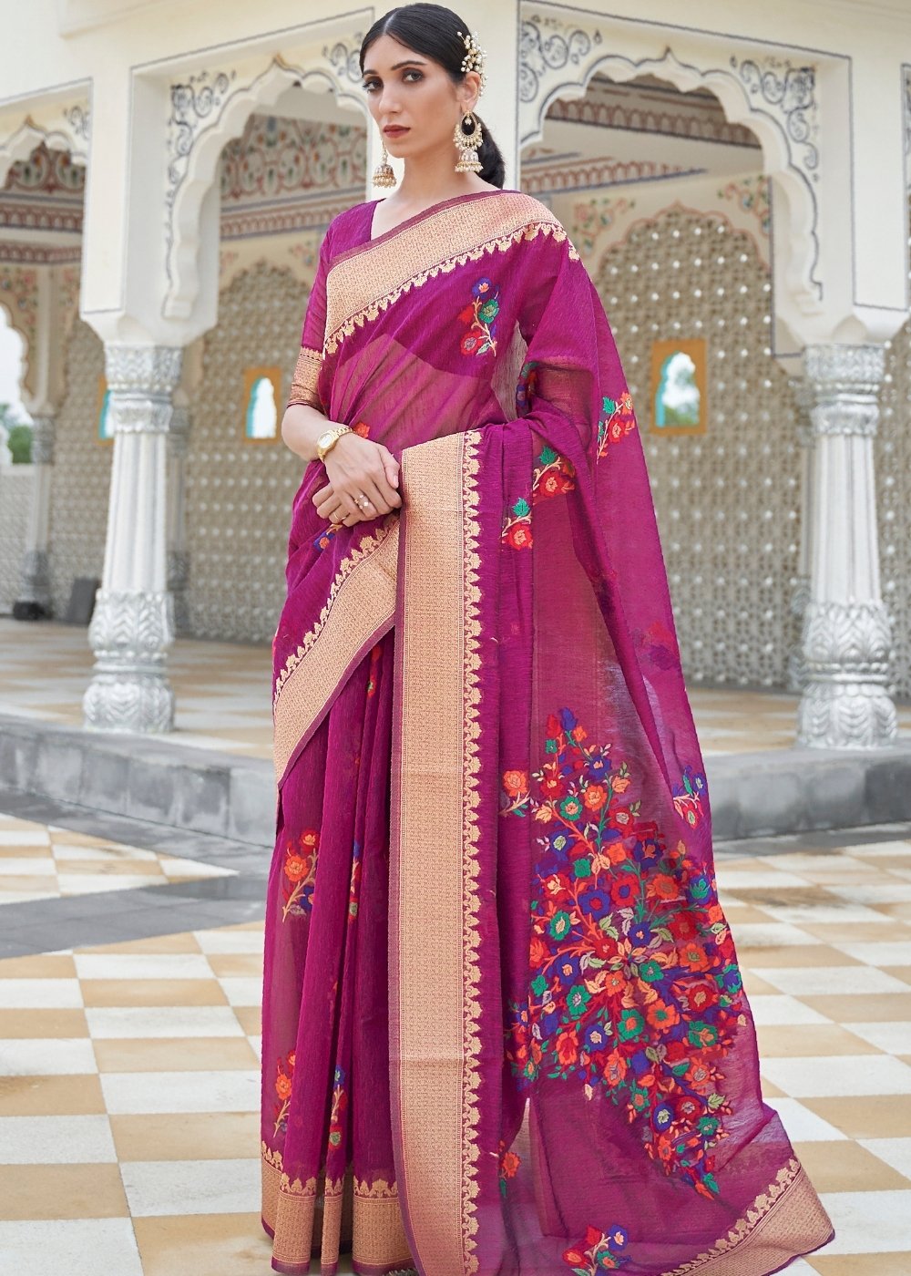 Magenta Purple Floral Embroidered Linen Silk Saree - Colorful Saree