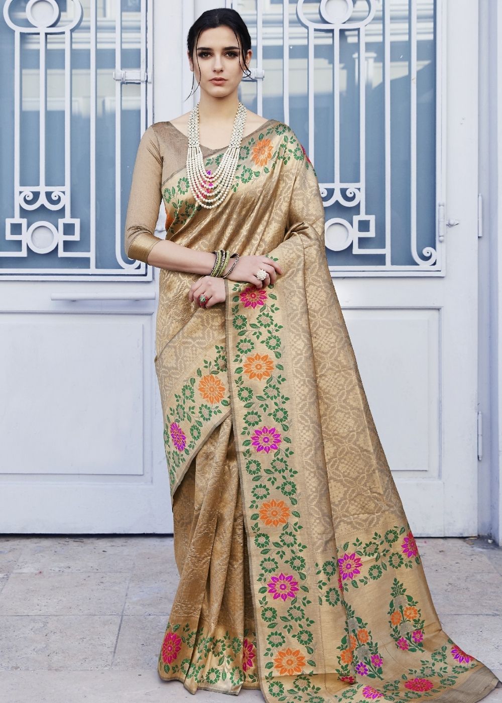 Cedar Brown and Golden Blend Silk Saree with Floral Woven Border and Pallu - Colorful Saree