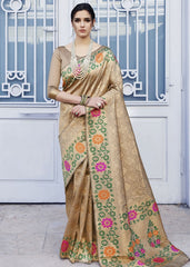 Cedar Brown and Golden Blend Silk Saree with Floral Woven Border and Pallu - Colorful Saree