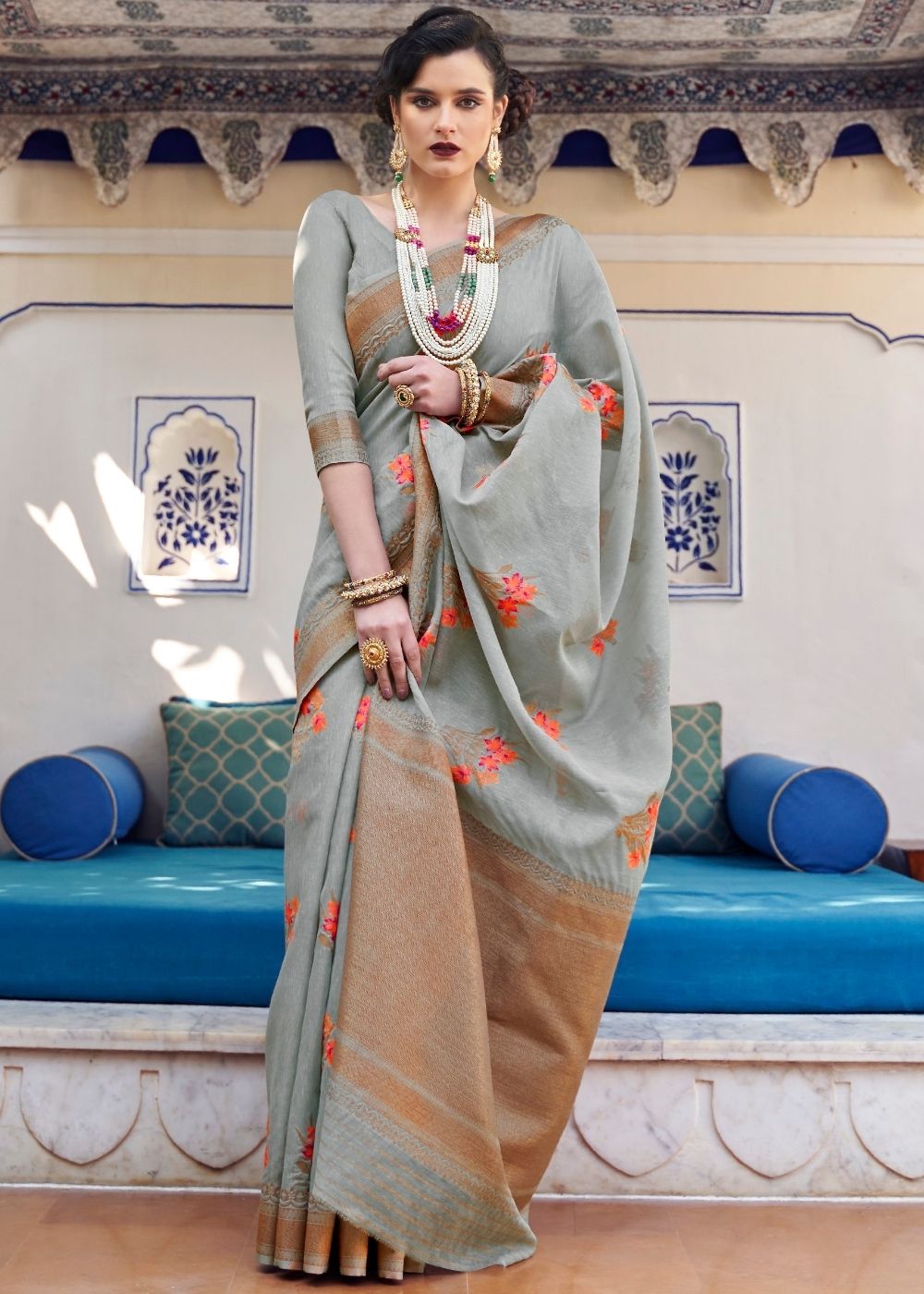 Metal Gray Linen Woven Silk Saree with Zari work on Border and Pallu - Colorful Saree
