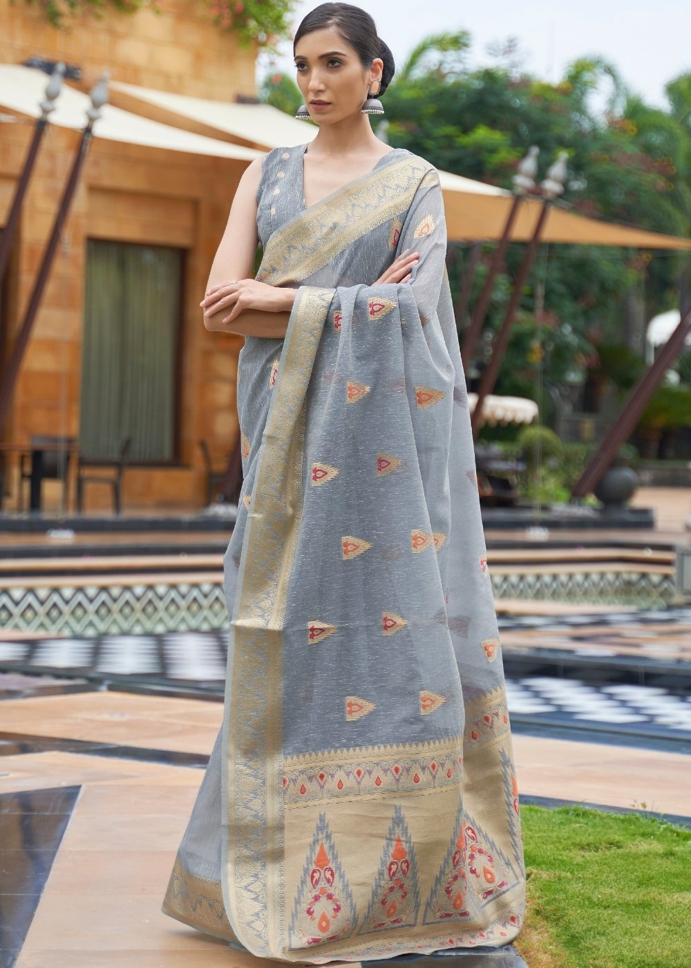 Slate Grey Woven Linen Silk Saree - Colorful Saree