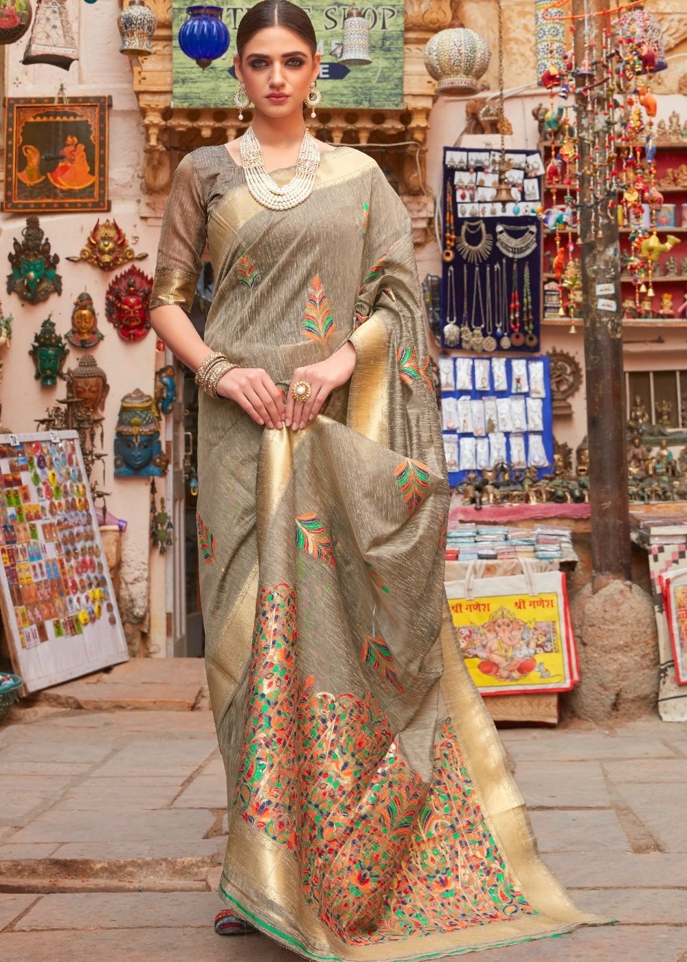 Cedar Brown Linen Silk Saree with Colorful Weaving work - Colorful Saree