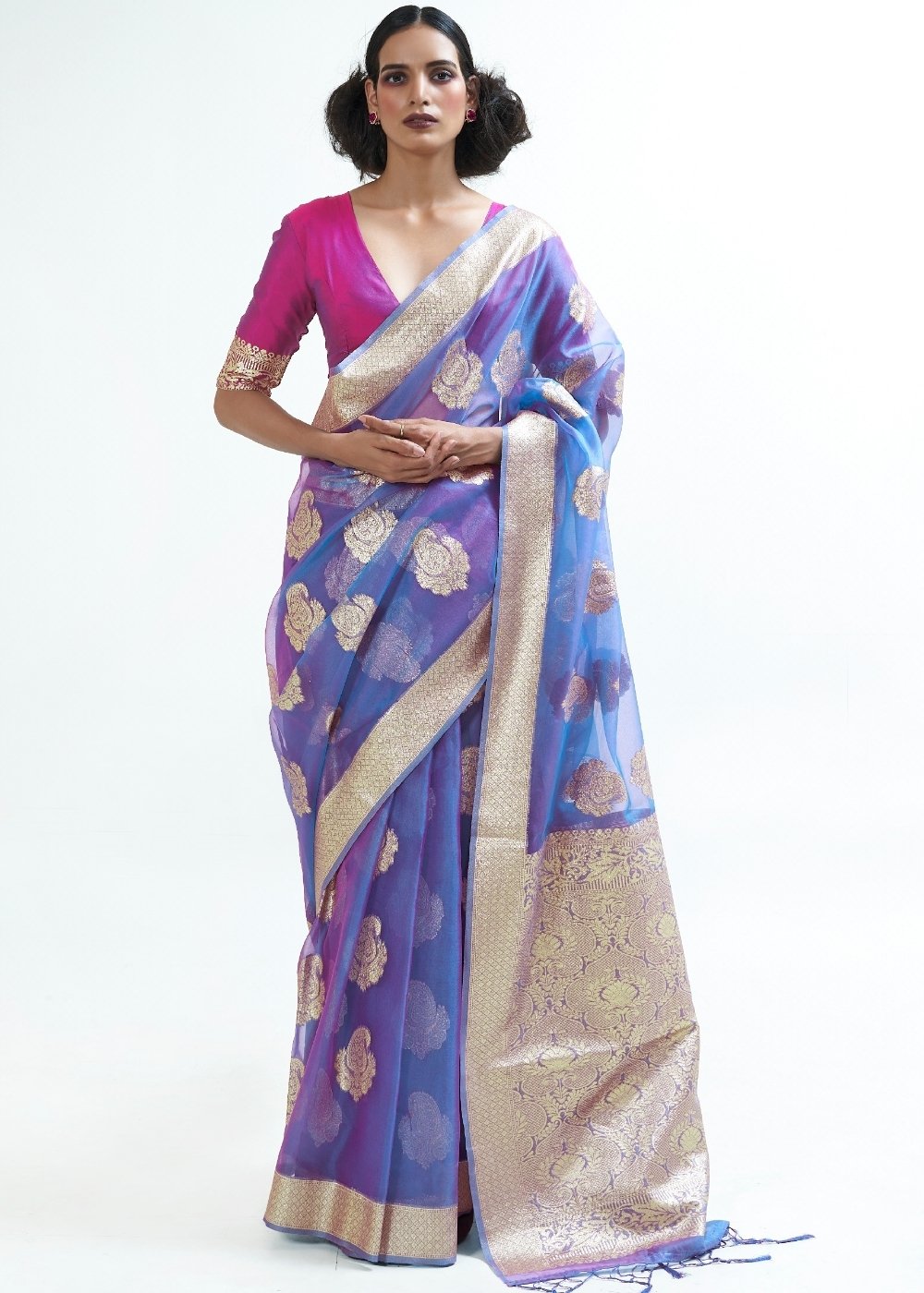 Lotus Blue Designer Woven Organza Silk Saree - Colorful Saree