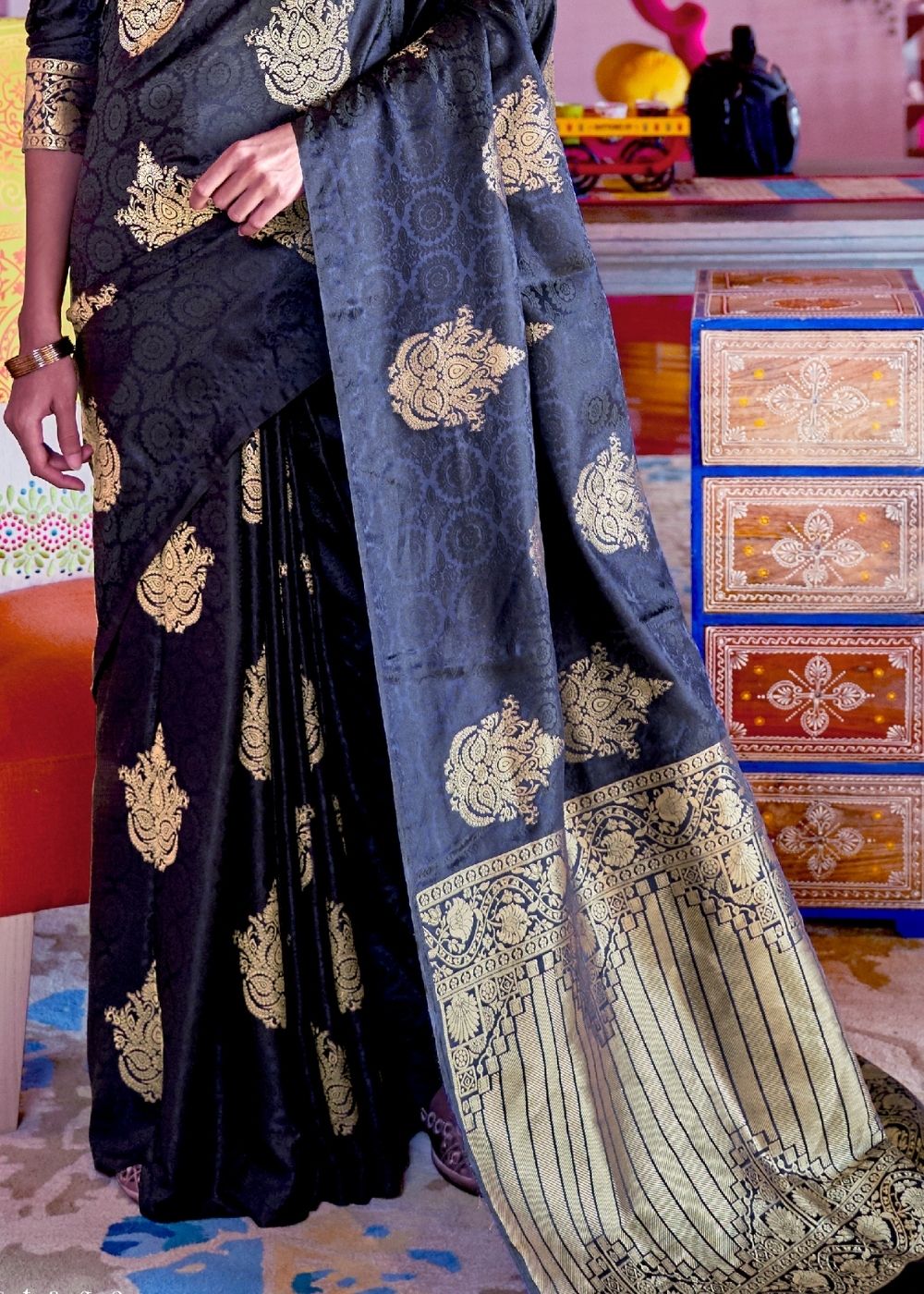 Soot Black Satin Silk Saree with overall Golden Butti - Colorful Saree