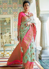 Mint Green Woven Linen Silk Saree with Butti overall - Colorful Saree