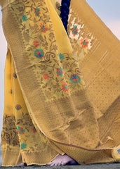 Tuscany Yellow Woven Linen Silk Saree with Floral Motif on Pallu and Border - Colorful Saree