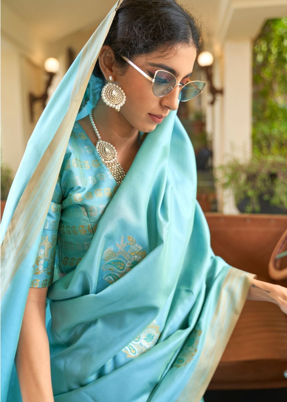 Sky Blue Zari Butta Banarasi-Chanderi Fusion Silk Saree - Colorful Saree