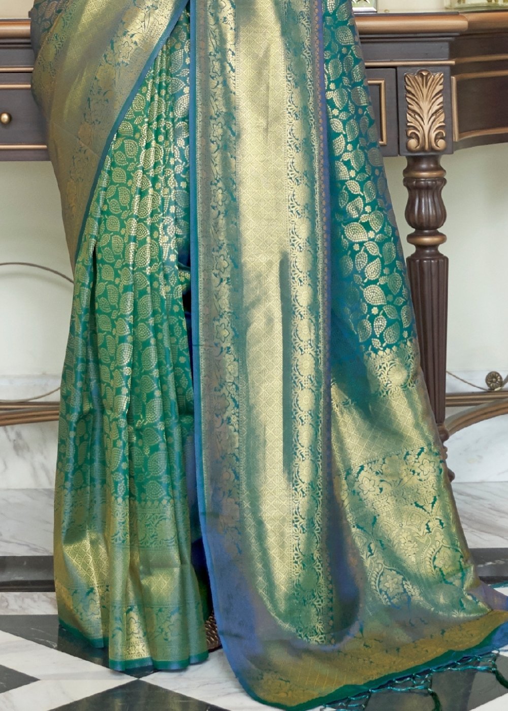 Castleton Green Zari Woven Kanjivaram Silk Saree with Tassels on Pallu - Colorful Saree