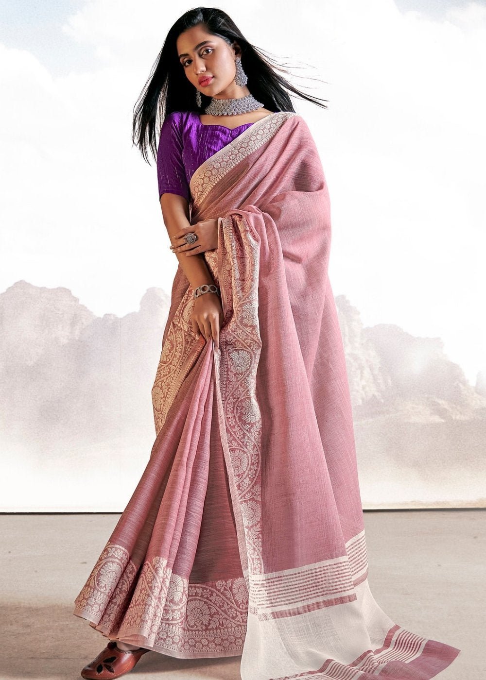 Light Lilac Purple Soft Linen Silk Saree with Lucknowi work and Sequence Blouse - Colorful Saree