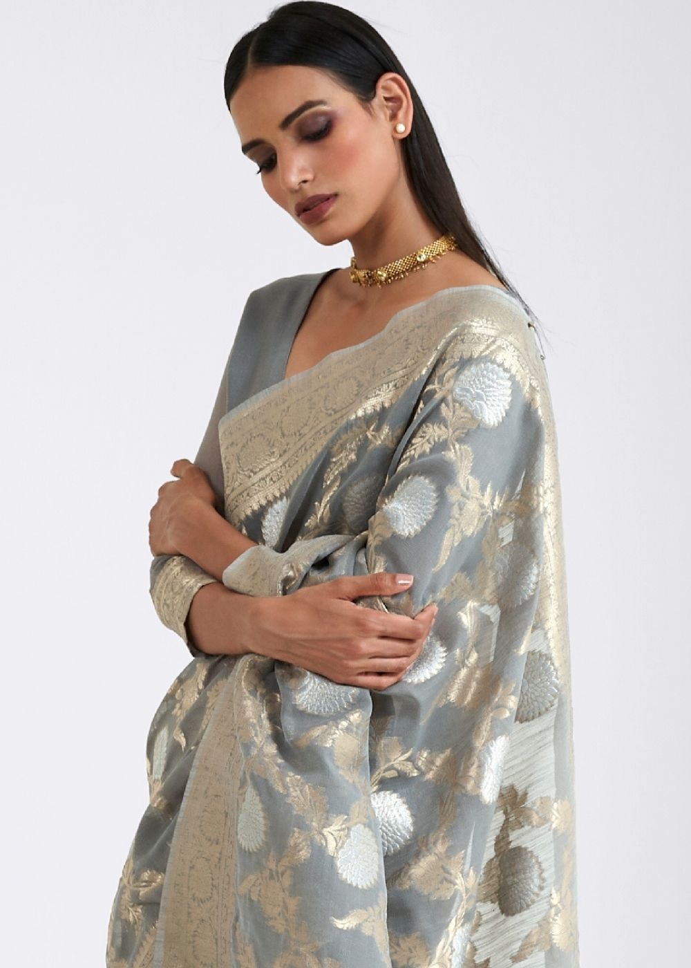 Seal Grey Zari Woven Linen Silk Saree - Colorful Saree