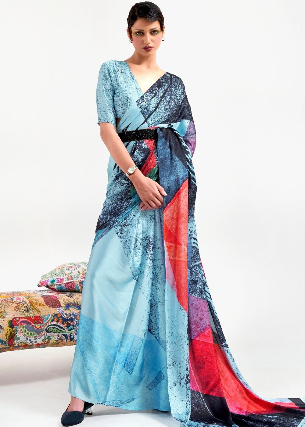 Sky Blue Digital Printed Satin Crepe Saree - Colorful Saree