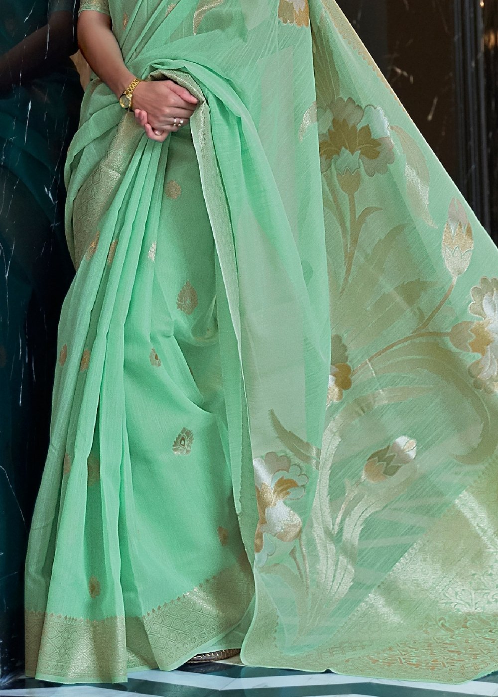 Fern Green Zari Woven Linen Silk Saree - Colorful Saree